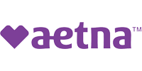 The image displays a logo with the text Aetna in purple, set against a grey background.