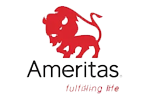 An image of a red and white logo with a stylized lion, featuring the word AMERITAS prominently displayed.