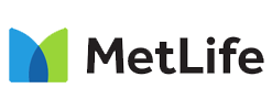 The image is a logo with the text MetLife prominently displayed, featuring a stylized letter M and an abstract design that resembles a shield or a leaf, set against a grey background with a subtle gradient.