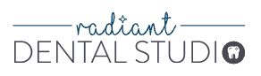 The image is a logo for  Radio Dentist Studio.  It features the text  Radio Dentist Studio  in stylized font, with a graphic of a microphone and headphones on either side.