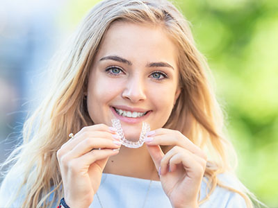 A woman holding a toothbrush with a smile, showcasing her teeth.