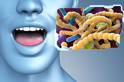 The image is a digital composite featuring a human face with an open mouth, superimposed on the background of a microscopic view of bacteria.