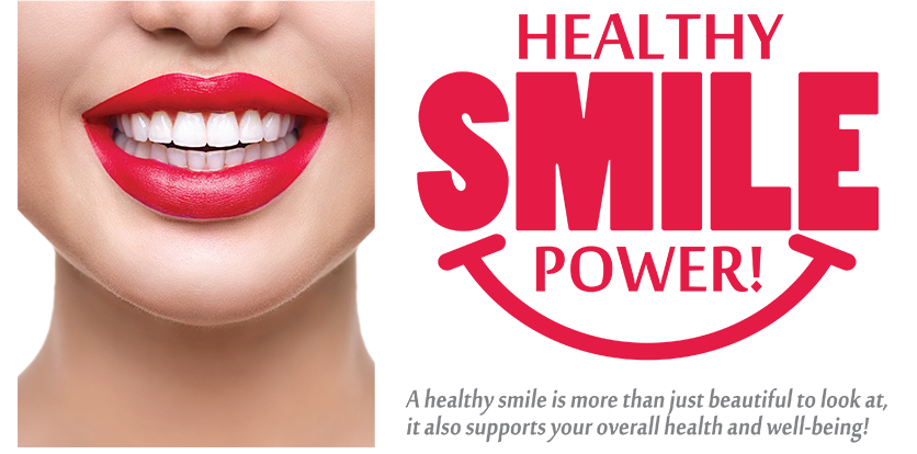 The image features a close-up of a person s face with red lipstick, and there is text overlaid that reads  HEALTHY SMILE POWER  in capital letters.