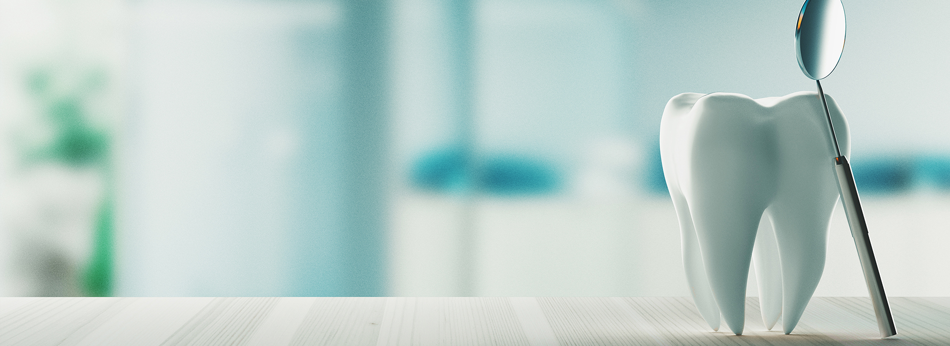 An animated toothbrush with a human-like posture stands in front of a blurred dental office setting, leaning against a white countertop.