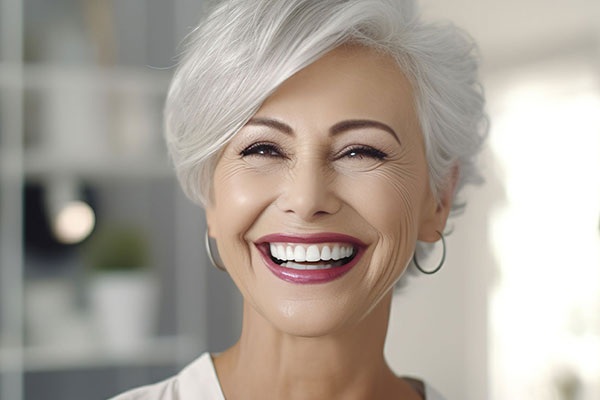 Smiling older woman with grey hair, wearing a white top and black earrings.